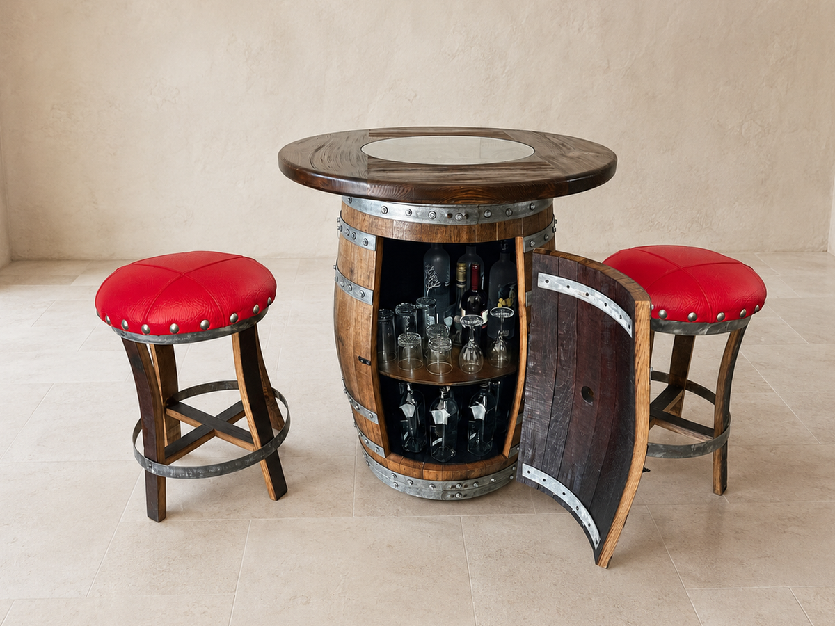 Whiskey and Wine Barrel Pub Table Set with Glass Top and Optional Bar Stools