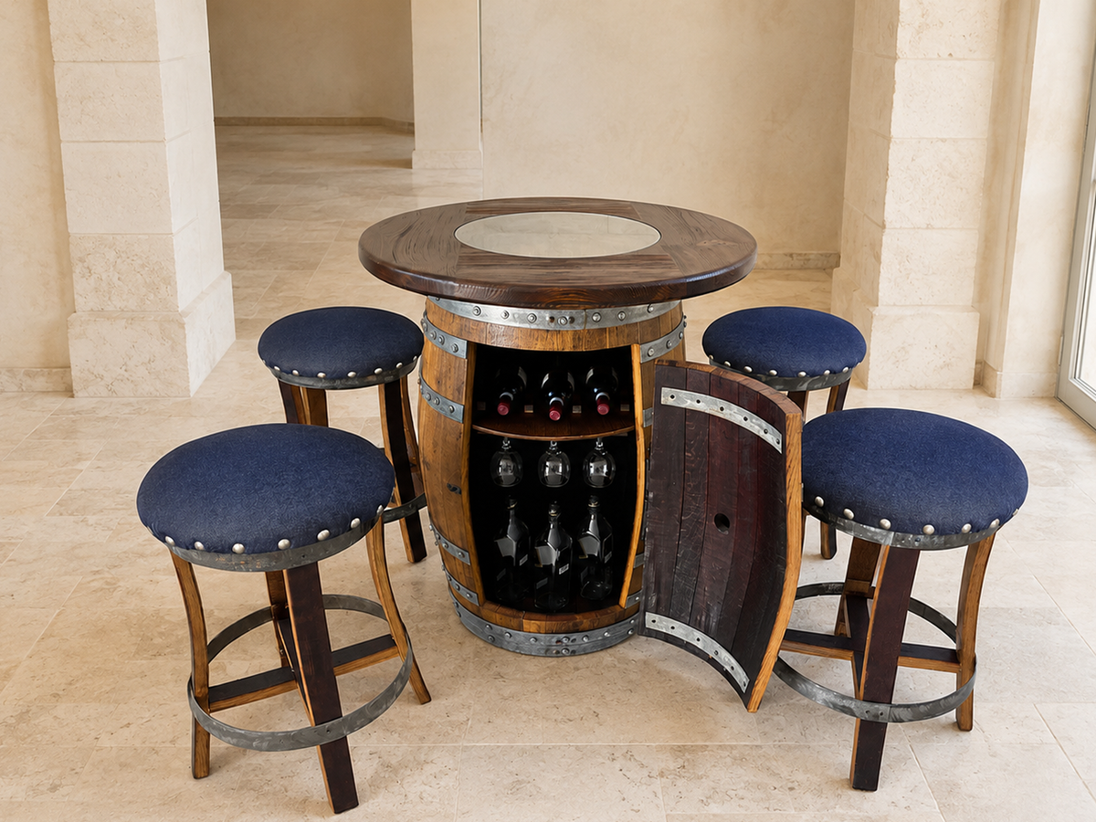 Whiskey and Wine Barrel Pub Table Set with Glass Top and Optional Bar Stools