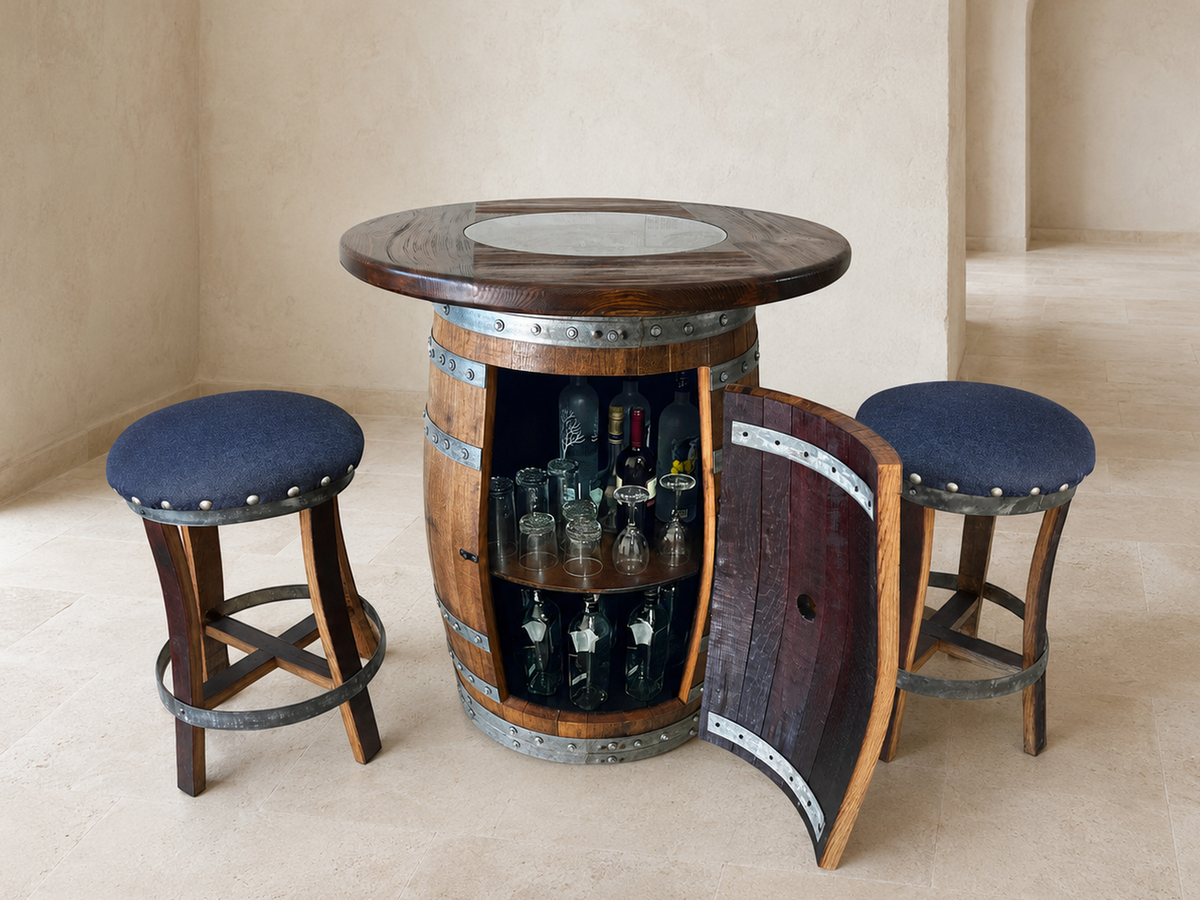 Whiskey and Wine Barrel Pub Table Set with Glass Top and Optional Bar Stools