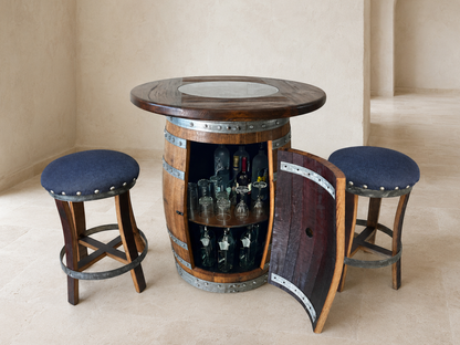 Whiskey and Wine Barrel Pub Table Set with Glass Top and Optional Bar Stools