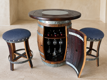 Whiskey and Wine Barrel Pub Table Set with Glass Top and Optional Bar Stools