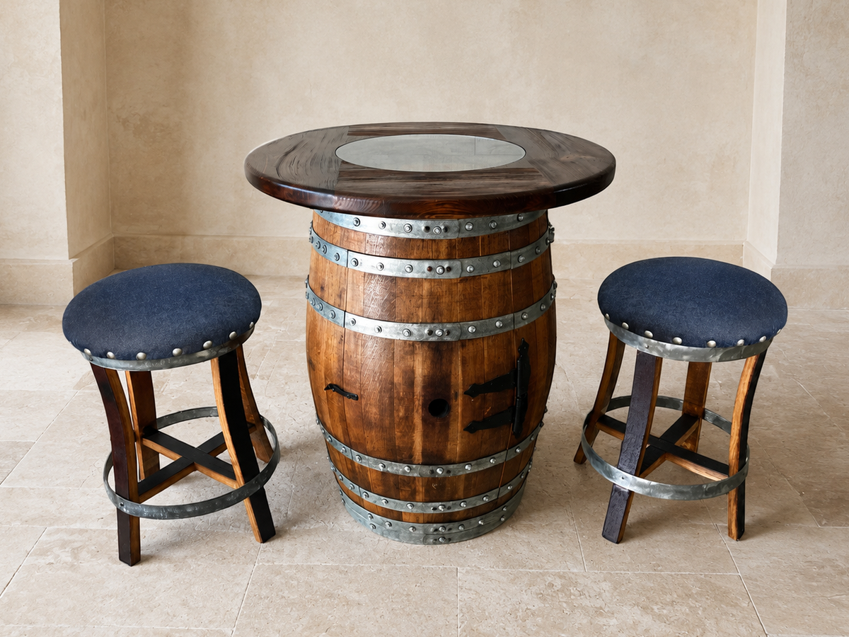 Whiskey and Wine Barrel Pub Table Set with Glass Top and Optional Bar Stools