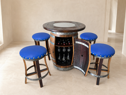 Whiskey and Wine Barrel Pub Table Set with Glass Top and Optional Bar Stools