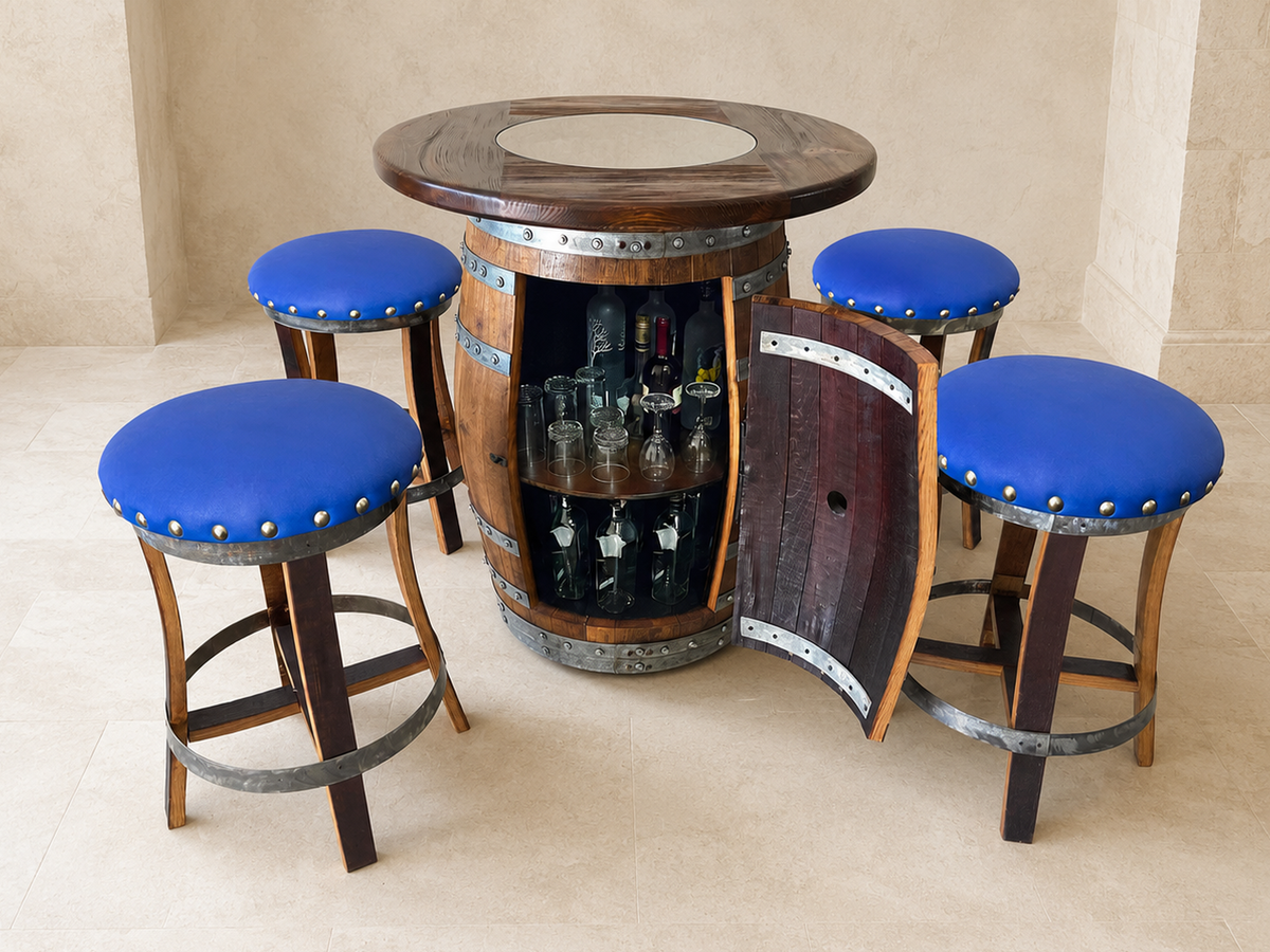 Whiskey and Wine Barrel Pub Table Set with Glass Top and Optional Bar Stools