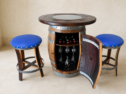 Whiskey and Wine Barrel Pub Table Set with Glass Top and Optional Bar Stools