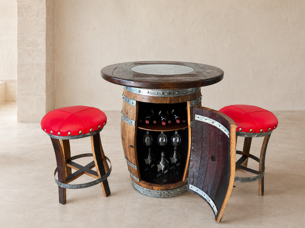 Whiskey and Wine Barrel Pub Table Set with Glass Top and Optional Bar Stools