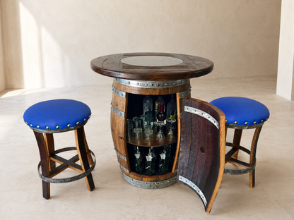 Whiskey and Wine Barrel Pub Table Set with Glass Top and Optional Bar Stools