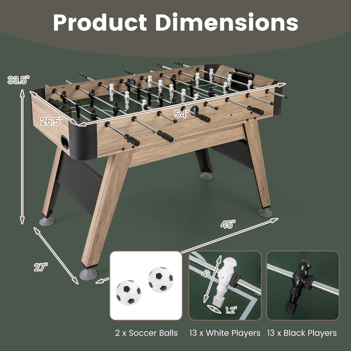54-Inch Foosball Table with 26 Players, 2 Balls and Adjustable Leg Levelers — Natural Finish