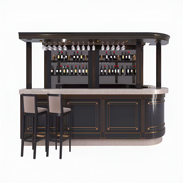 Home Bar Island Built to Elevate Entertaining, Piano Black Lacquer, Brass Stemware Rack, LED Lighting