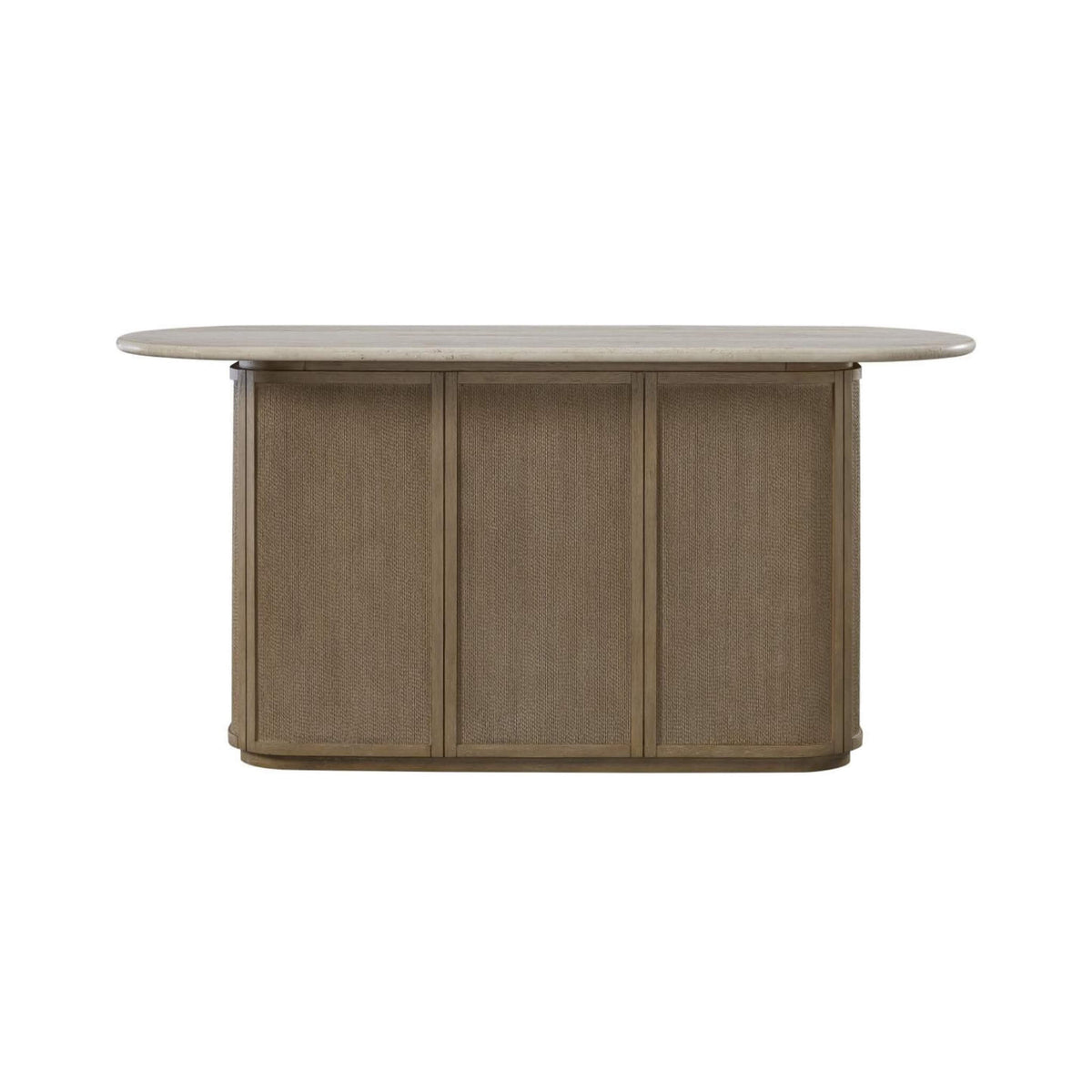 Modern Red Oak Home Bar Cabinet with Travertine Stone Top and Natural Rope Front