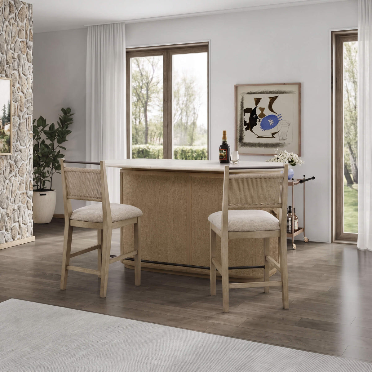 Modern Red Oak Home Bar Cabinet with Travertine Stone Top and Natural Rope Front